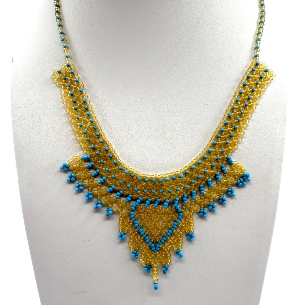 Yellow & Blue Seed Bead Fringe Collar Necklace - Boho Festival Jewelry